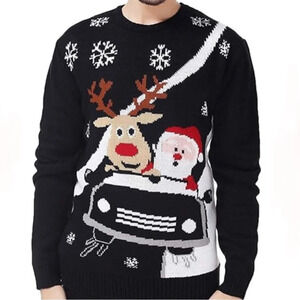 V28- Men’s Ugly Christmas Sweater with Santa & Rudolph Driving a Car